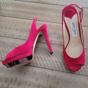 Jimmy Choo red suede slingback open toe heels
